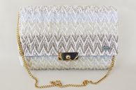 I Love Neutrals (Natural and Silver) hand-woven Soft Clutch with chain (Front View)