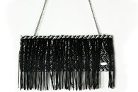 Black, White and Silver hand-woven fringed clutch (Front View, Chain)