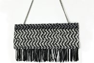 Black, White and Silver hand-woven fringed clutch (Back View, Chain)