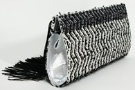 Black, White and Silver hand-woven fringed clutch (Side View/Back)