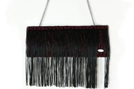 Black and Red hand-woven fringed clutch (Front View, Chain)
