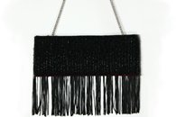 Black and Red hand-woven fringed clutch (Back View, Chain)