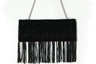 Black and Red hand-woven fringed clutch (Back View, Chain)
