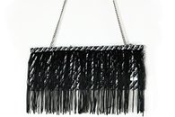 Black and White hand-woven fringed clutch (Front View,Chain)