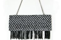 Black and White hand-woven fringed clutch (Back View, Chain)