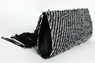 Black and White hand-woven fringed clutch (Side View, Back)