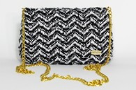 Black and White hand-woven mini purse with chain (Front View)